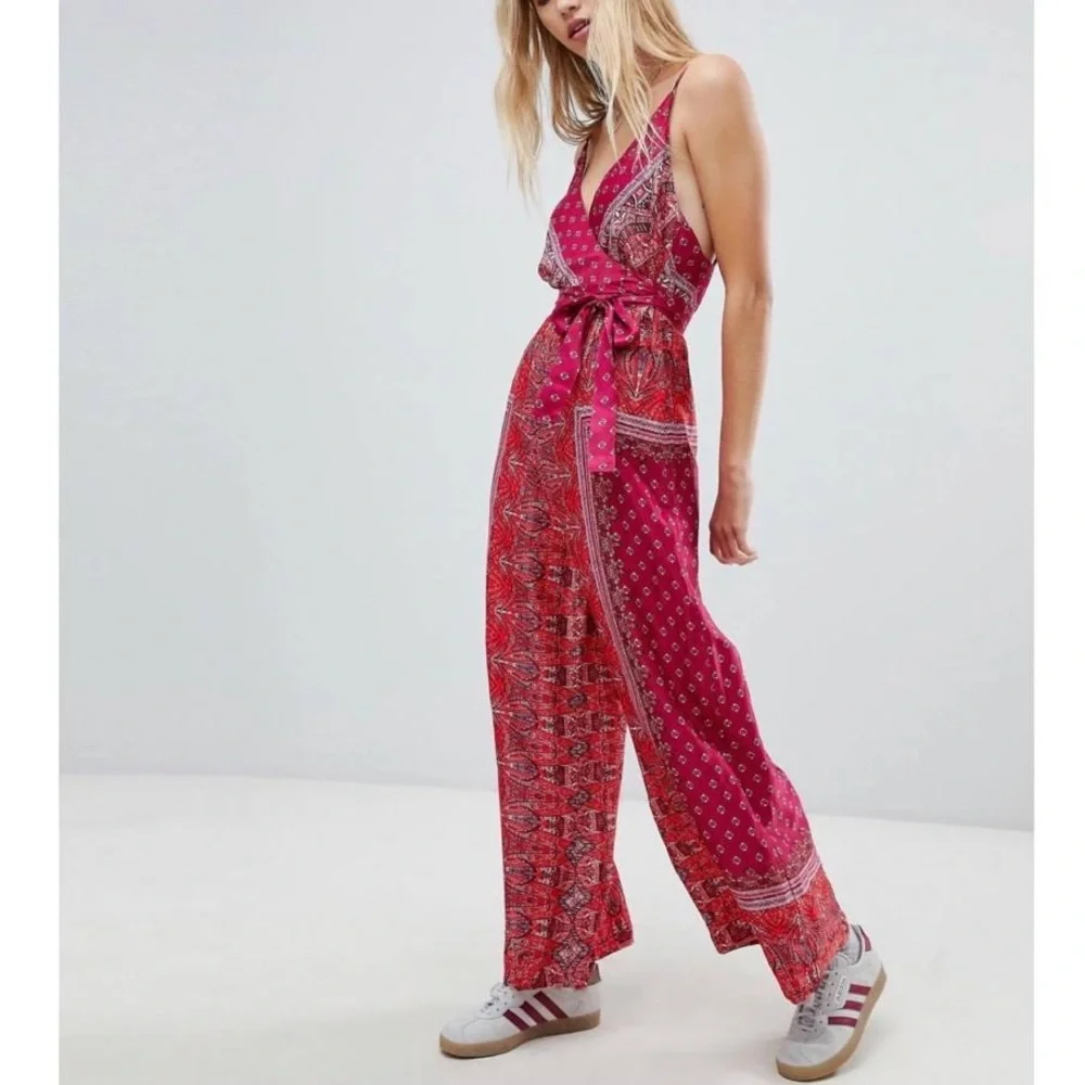 Free People Cabbage Rose Boho Wrap Top Waist Tie Satin Wide Leg Jumpsuit Size 2‎ - Picture 4 of 12